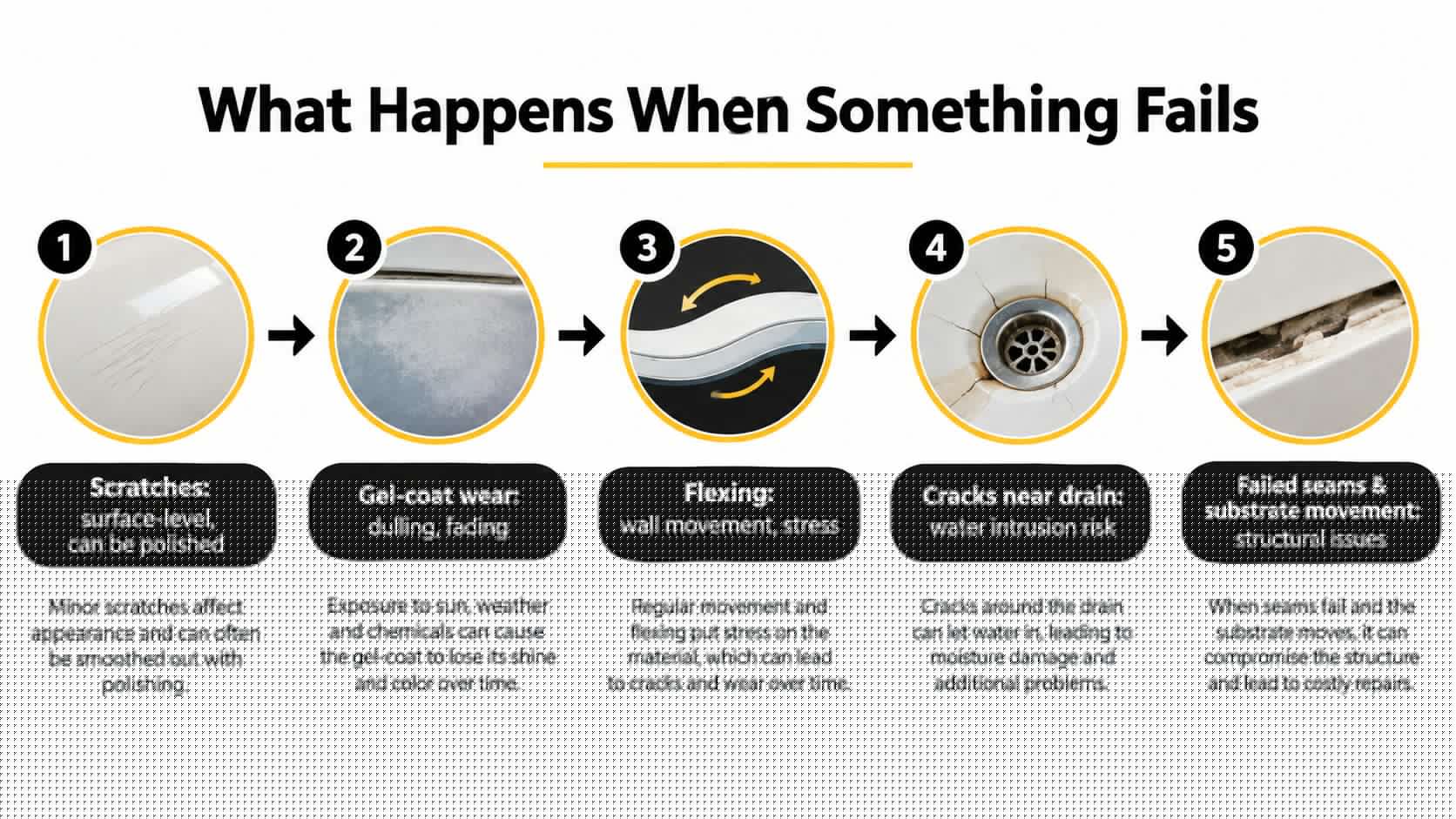 A five-step infographic showing the stages of wear and failure in a shower or tub surface.
