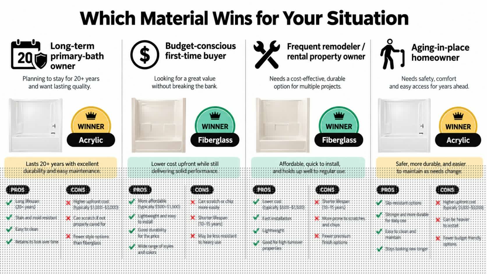 A comparison chart showing the pros and cons of acrylic versus fiberglass shower materials for homeowners.